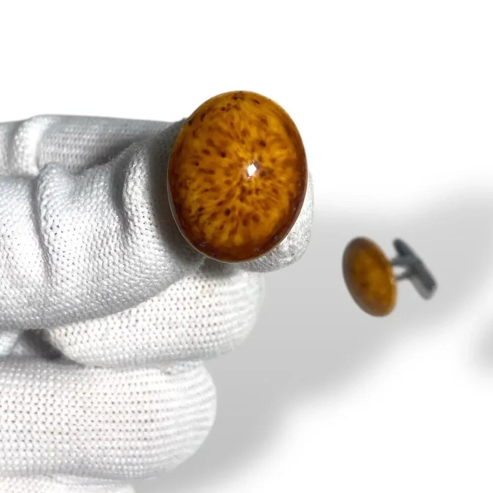 VTG Amber Brown Oval Cufflinks Silver tone Men Formal Wear Wedding Accessories